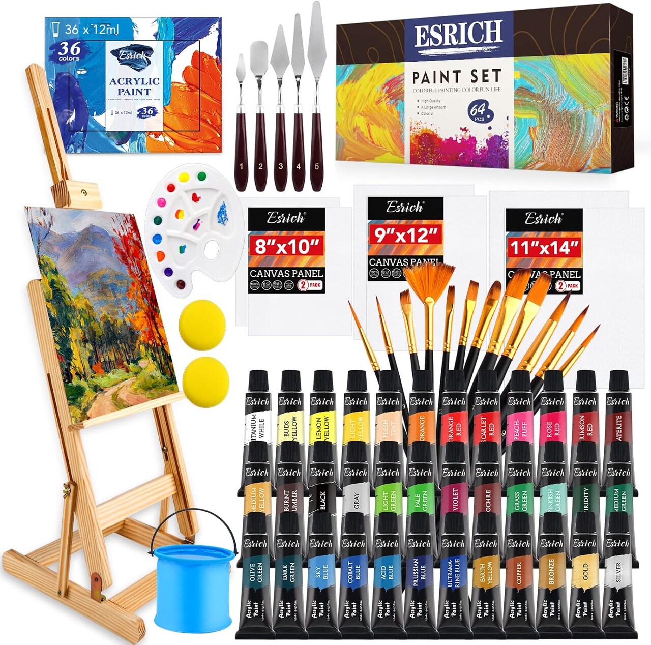 Acrylic Paint Set,64PCS Painting Supplies with Wooden Easel,Brushes,36Colors Acrylic Paint, Canvases,Palette,Paints Knives Etc,Painting Kit for Adults,Students,Hobbyists,Beginners